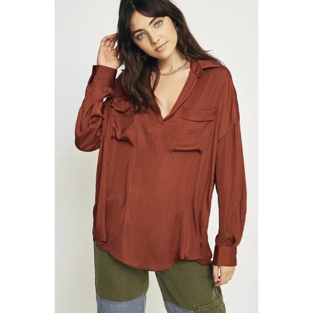 Free People Starry Dreams Satin Pullover Rust Brown Button Top - Size - Small